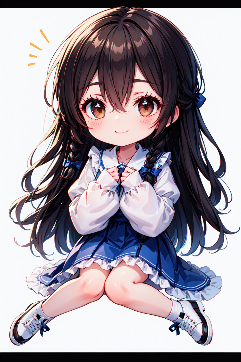 1girl, solo, long hair, looking at viewer, blush, smile, bangs, simple background, black hair, long sleeves, white background, dress, bow, hair between eyes, brown eyes, very long hair, closed mouth, full body, braid, frills, shoes, puffy sleeves, sitting, white dress, sleeves past wrists, hair intakes, white footwear, white bow, letterboxed, puffy long sleeves, pleated dress,Chibi