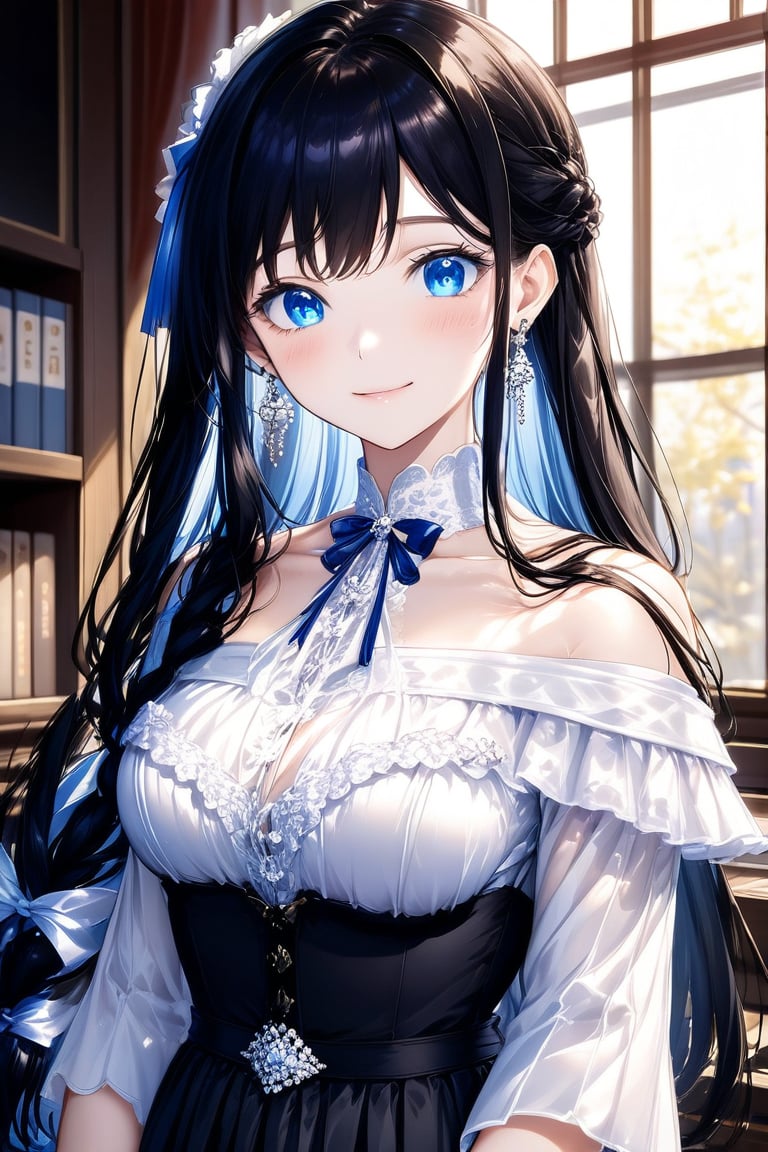 1girl, solo, long hair, breasts, looking at viewer, bangs, blue eyes, black hair, long sleeves, dress, jewelry, very long hair, closed mouth, braid, earrings, frills, indoors, wide sleeves, white dress, black dress, blurry background, ((masterpiece: 1.2)), light particles, stunning image, Anime style.