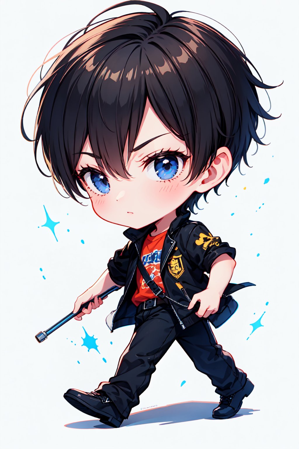 1boy, sole, male focus, White background, full body image, short hairstyle, black hair, he's serious, walking. Chibi