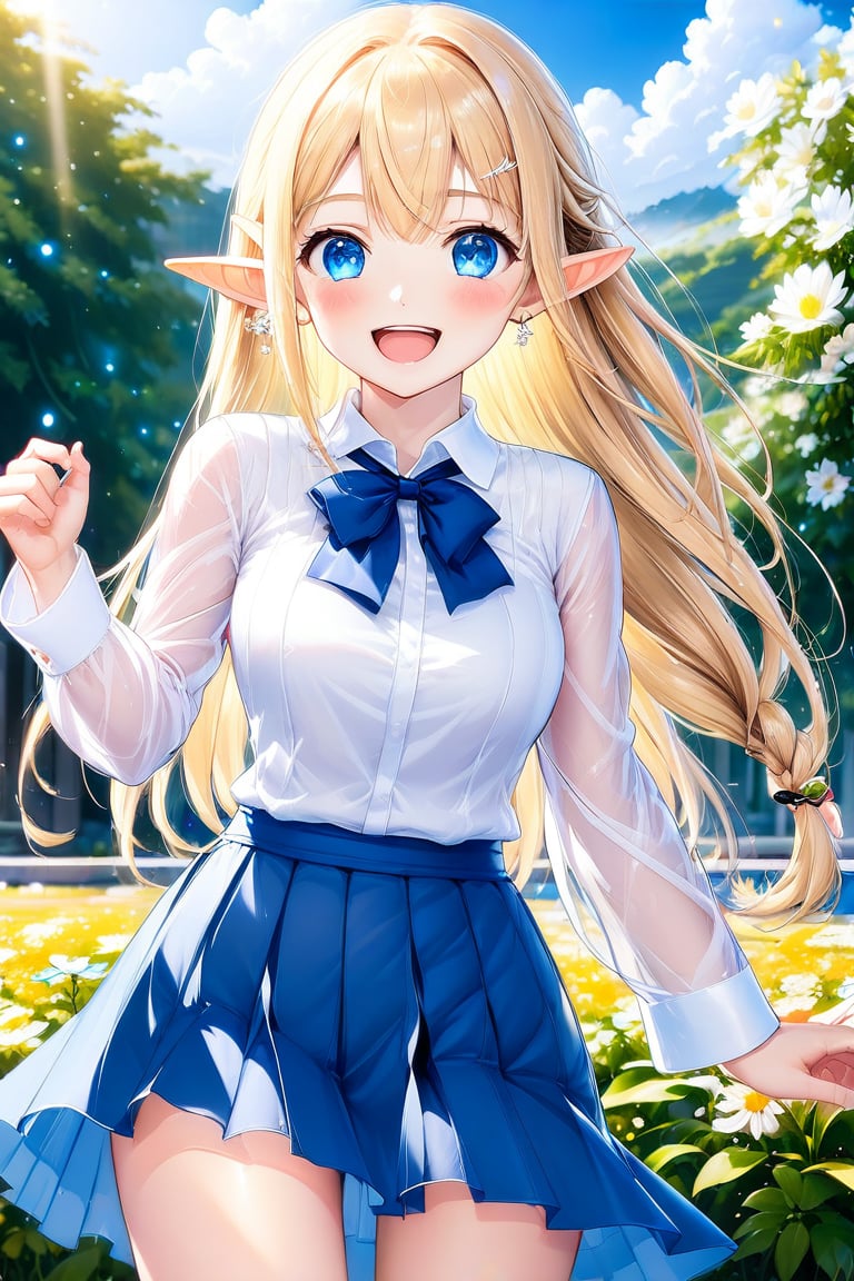 1girl, solo, long hair, breasts, looking at viewer, blush, smile, open mouth, bangs, blue eyes, skirt, blonde hair, shirt, long sleeves, jewelry, medium breasts, standing, white shirt, braid, flower, :d, thighs, earrings, outdoors, day, pointy ears, hand up, blue skirt, see-through, white flower, elf, see-through sleeves, blurry background, ((masterpiece: 1.2)), light particles, stunning image, Anime style.