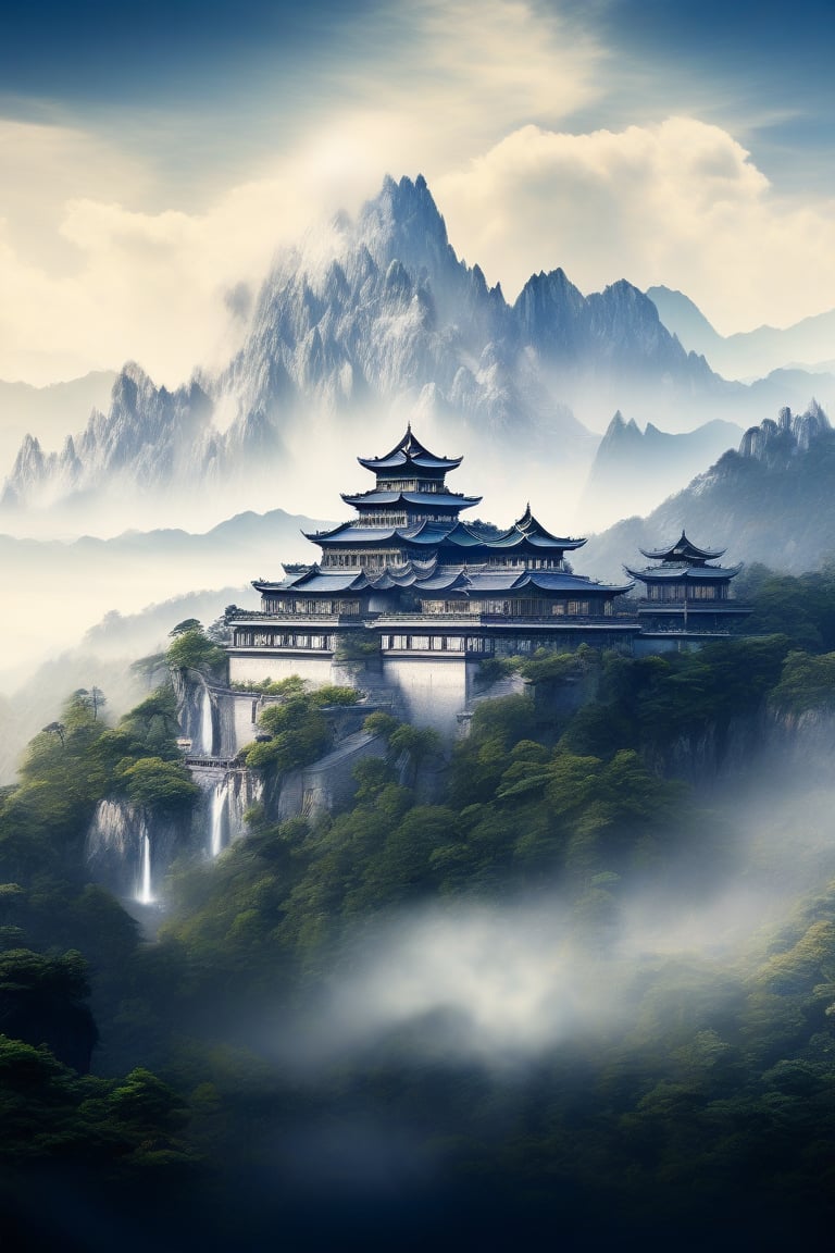 Extremely beautiful landscape of a palace between two mountains, masterpiece quality, 4k, stunning image, ink smoke. 