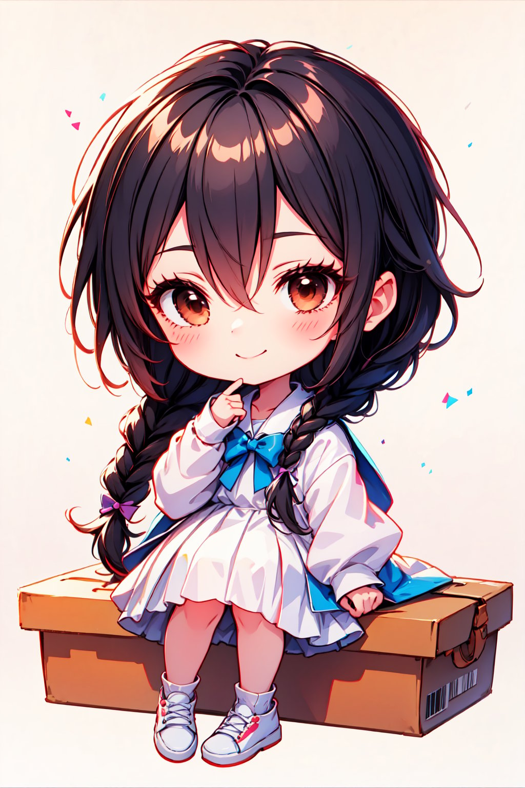1girl, solo, long hair, looking at viewer, blush, smile, bangs, simple background, black hair, long sleeves, white background, dress, bow, hair between eyes, brown eyes, very long hair, closed mouth, standing, full body, braid, frills, shoes, puffy sleeves, sitting, white dress, sleeves past wrists, hair intakes, white footwear, white bow, letterboxed, puffy long sleeves, pleated dress,Chibi