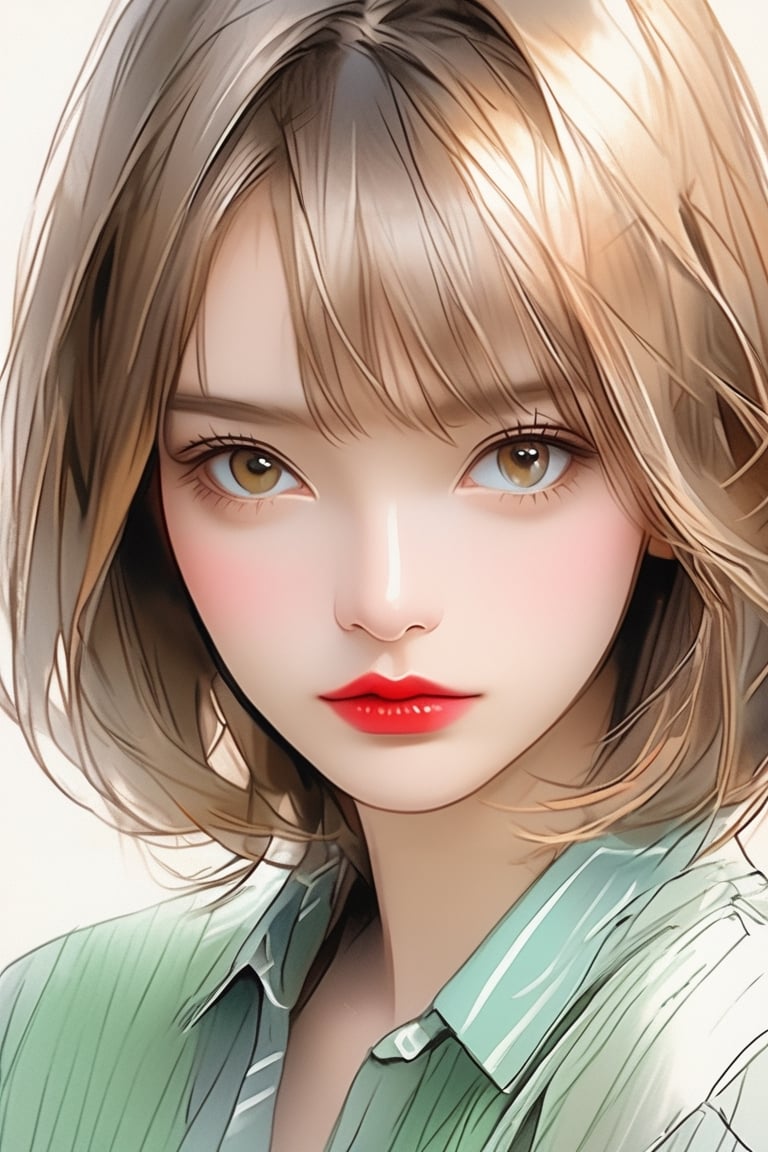 masterpiece, high quality realistic, pencil-sketch, pastel art style, (thin line:1.5), painting based on light-green, beautiful girl, light-brown short hair, red lips, shirt,