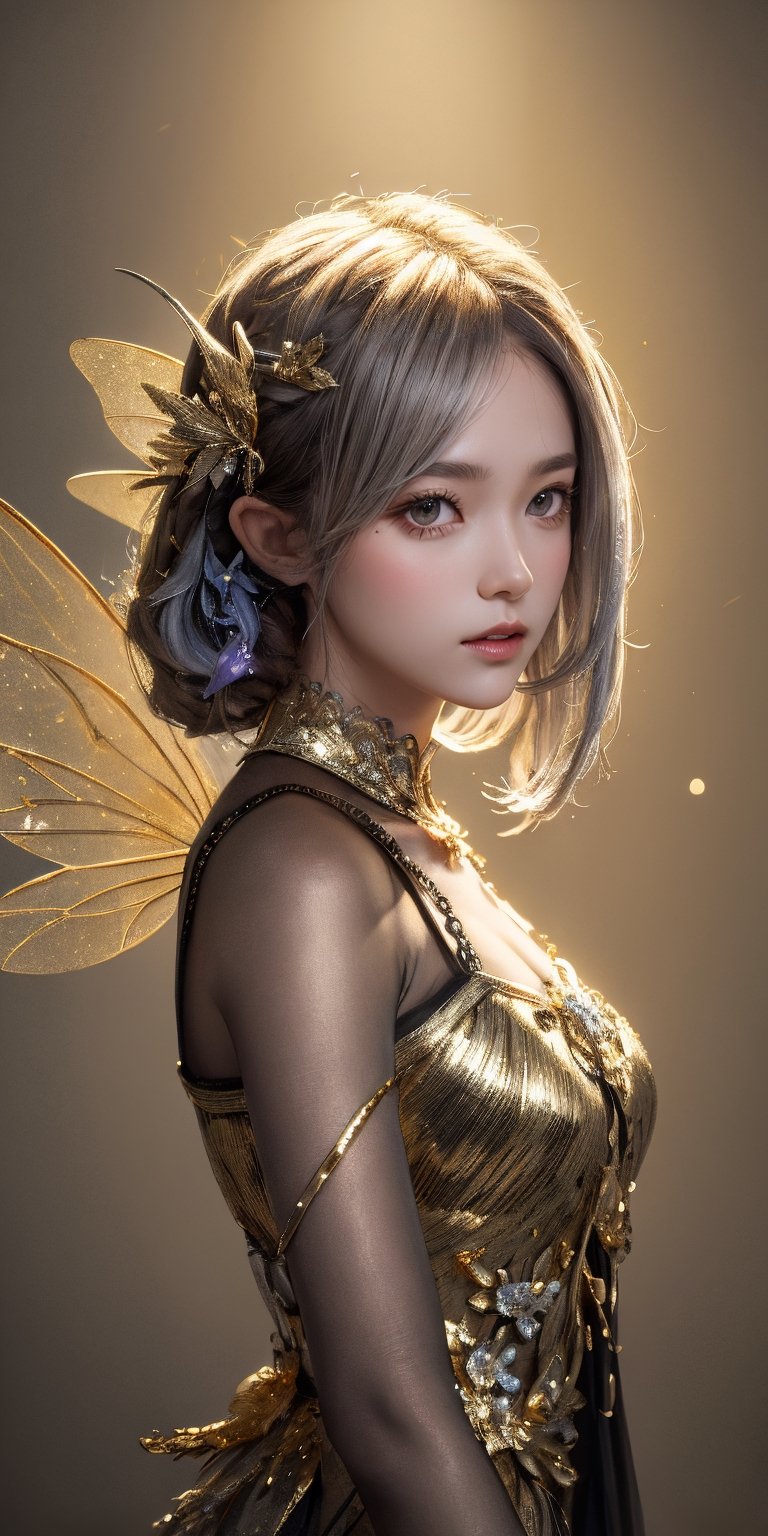 photorealistic, masterpiece, best quality, raw photo, (((gold, silver, glimmer)), faerie), limited palette, contrast, phenomenal aesthetic, best quality, sumptuous artwork, (masterpiece,best quality:1.5)