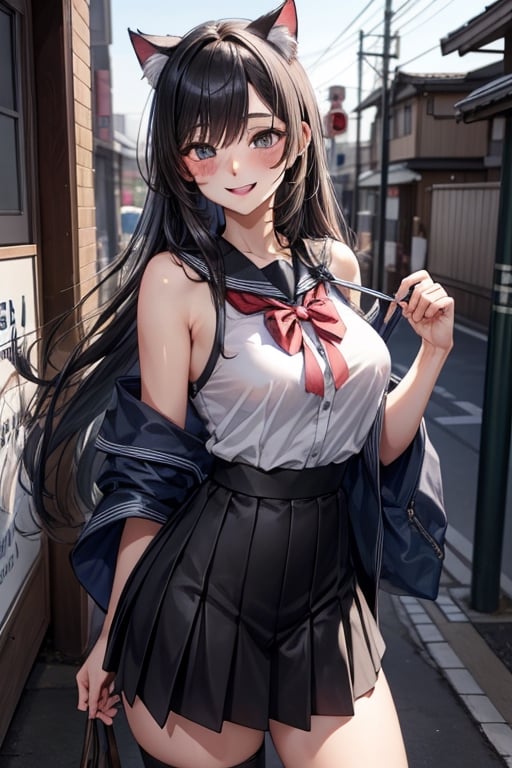 masterpiece, best quality, ultra-detailed, extremely detailed, 4K, 8K,1 ,cat-girl ,large breasts,solo,cute, blush,smiling,grey eyes, black hair, long hair, bare shoulders, ,Japanes high school uniform, in standing position, 