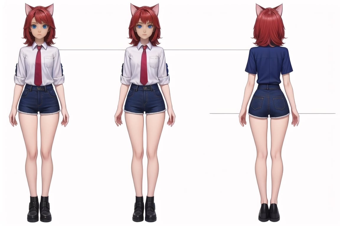 (masterpiece), 1 cat girl,shirt,neckties, shorts, best quality, expressive eyes, perfect face,  blue eyes,  ,narrow waist, full_body , looking-at-viewer,chara-sheet, scarlet hair,