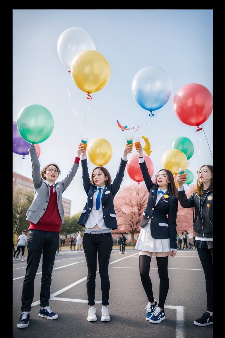 students from diverse backgrounds coming together to enjoy various activities, such as live music performances, art exhibitions, food stalls, and interactive games. Incorporate elements that showcase the energy, creativity, and unity of the student community.
less people in the photo, it's a school anniversary celebration with a lot of balloons in the background, a few students from different countries get together to drink a toast to celebrate, and the letters CIE are written on the balloons!