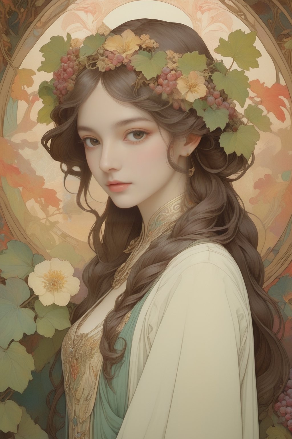 full body photo, (masterpiece, best quality, detailed, ultra-detailed, intricate), illustration, pastel colors, high chroma, high color contrast, bright and colorful background, complex backgrounds, sea of flowers, grape vines, art nouveau, perfect light,art nouveau by Alphonse Mucha, tarot cards, (beautiful and detailed eyes),
, flat breasts, anime style, watercolor, solid color background, underboob, natural boobs,
