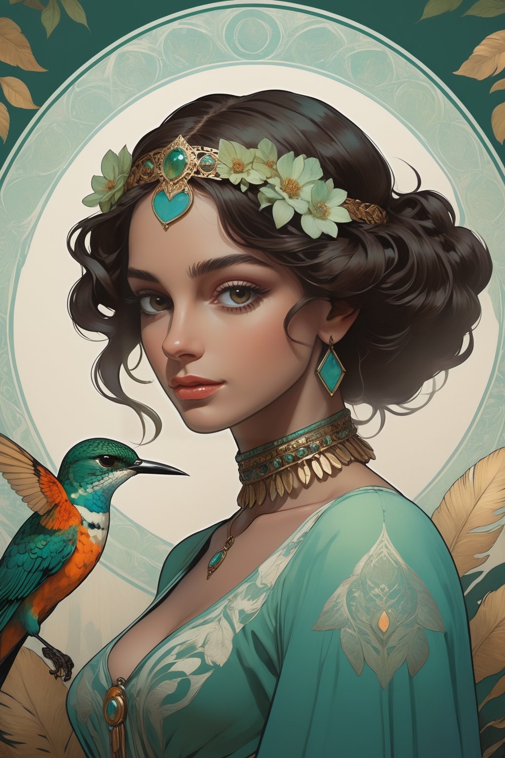 full body photo, (masterpiece, best quality, detailed, ultra-detailed, intricate), illustration, pastel colors, high chroma, high color contrast, bright and shadows background, 1 girl, solo, dark skin, amber eyes, black hair, short hair, curls , wear clothes Made of feathers, Jaguar , hummingbird , Mayan writing , (arrogant:1.2) face, complex backgrounds , main color green and turquoise , staring at the viewer, head up, sideways portrait , perfect light , art nouveau by Alphonse Mucha, tarot cards, (beautiful and detailed eyes),
, medium breasts, anime style, watercolor,  natural boobs,
