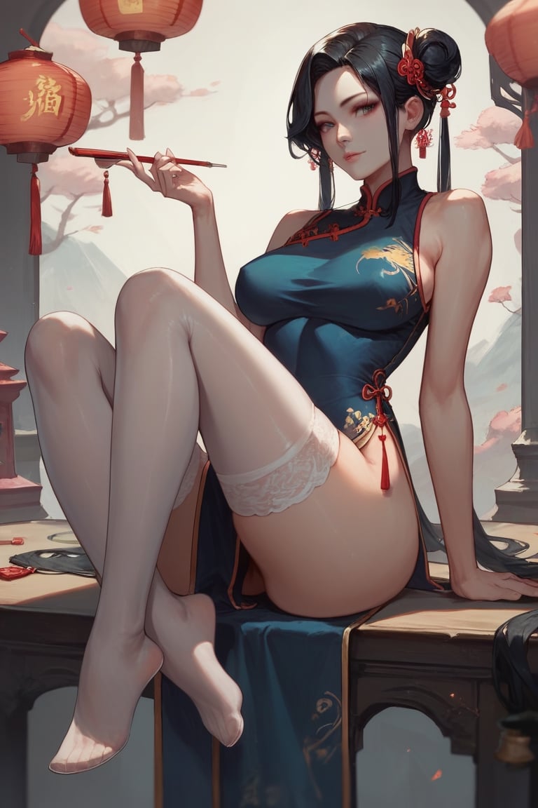 score_9, score_8_up, score_7_up,1girl, Chinese dress, long black hair, masterpiece, best quality, Sexy legs, feet, beautiful face, Sexy, thigh highs 