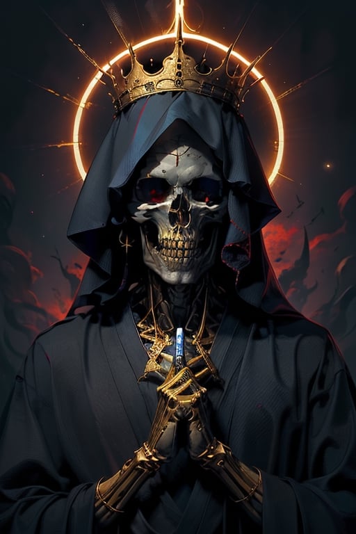 An undead Skeletal cosmic overlord wearind fine dark robe with golden lining with red Burning eyes wearing a gloden Divine crown in his head, and a dark halo behind his back,horror (theme)