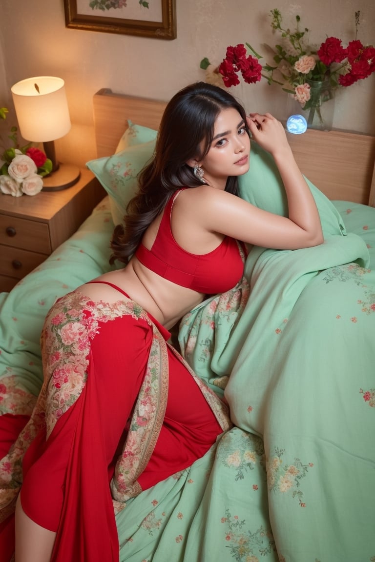 Aa Indian women,wear red saree,sleep on bed,bed is carefully decorated with red flowers and made heart on bed,a heart make of light tag on wall and written LOVE, beautiful girl,real,realistic,wear hearing