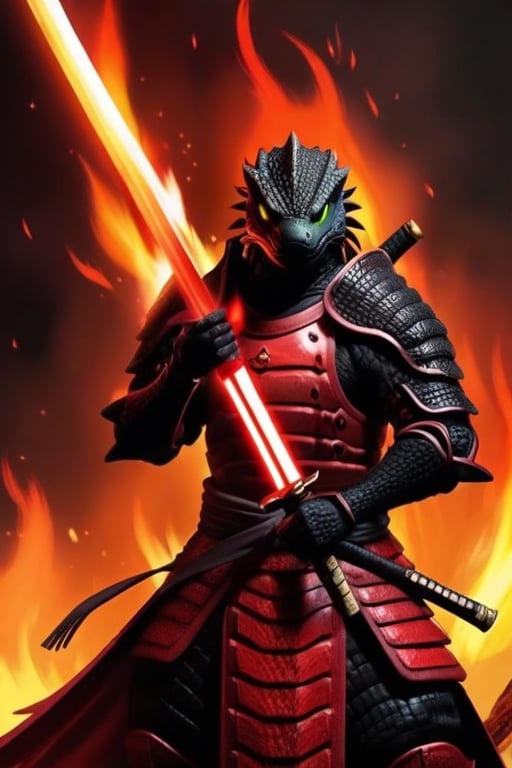 reptile, samuray armor, katana in hand, red armor color,
black skin color, surrounded by fire