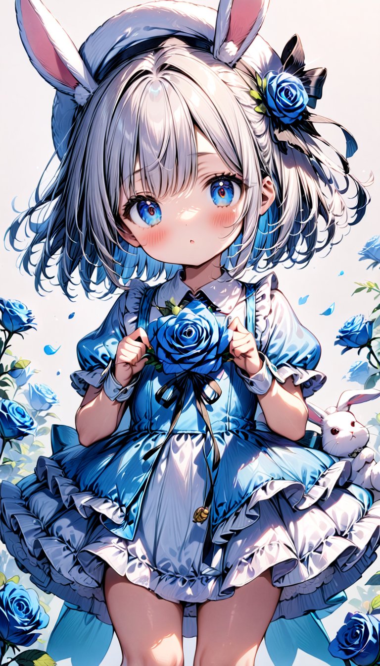 children, 1 girl, solo, white bunny,  huge blue rose
