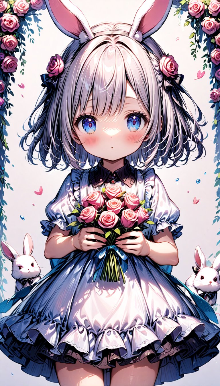 children, 1 girl, solo, white bunny,  pink rose
