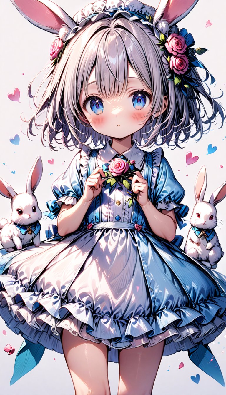 children, 1 girl, solo, white bunny,  pink rose
