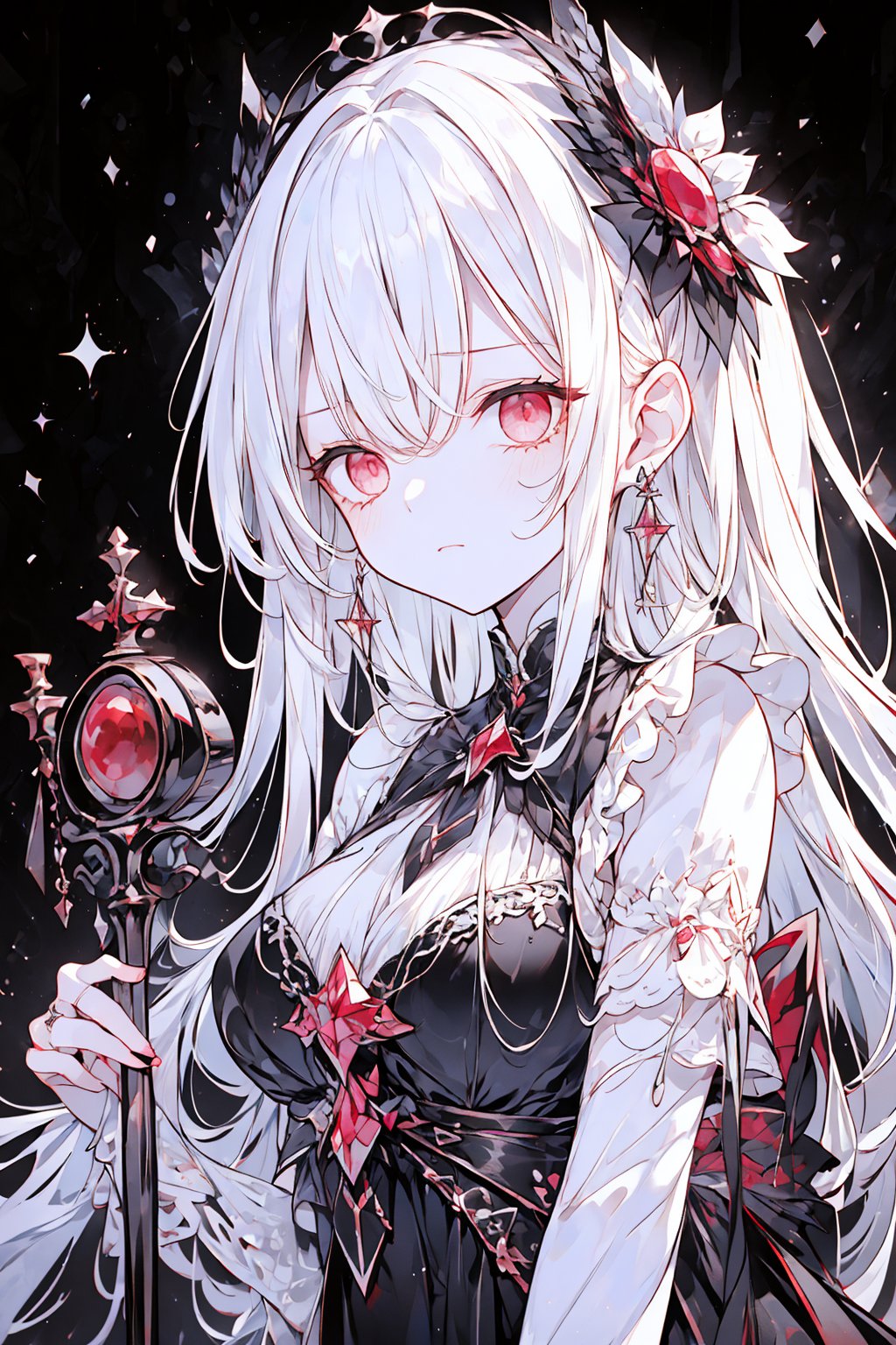 (1girl, long hair, white hair, straight hair, red eyes, detailed eyes, cross earrings, earrings, ruby earrings, 4k, holding scepter, cold expression, contemptuous, ), princess, empress, powerful, warrior, portrait, masterpiece, best quality, Beautifully Aesthetic, black and white themed dress, long dress, black and white and red theme, sandless dress, she sits quietly yet gracefully, dark lighting,1 girl, 