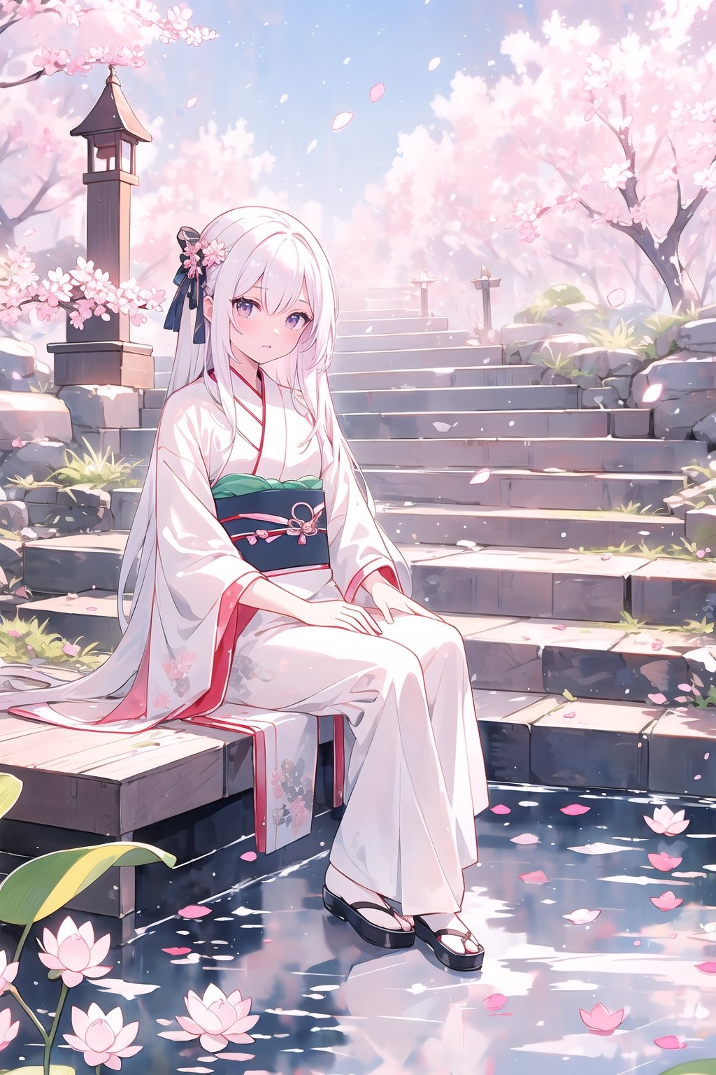 1girl, sitting by pond, white hair, long hair, hanfu, hair stick,lotus,scenery,watercolor masterpiece, best quality, aesthetic, watercolor , temple, stairs, sky, cherry blossoms, white eyes, kimono,