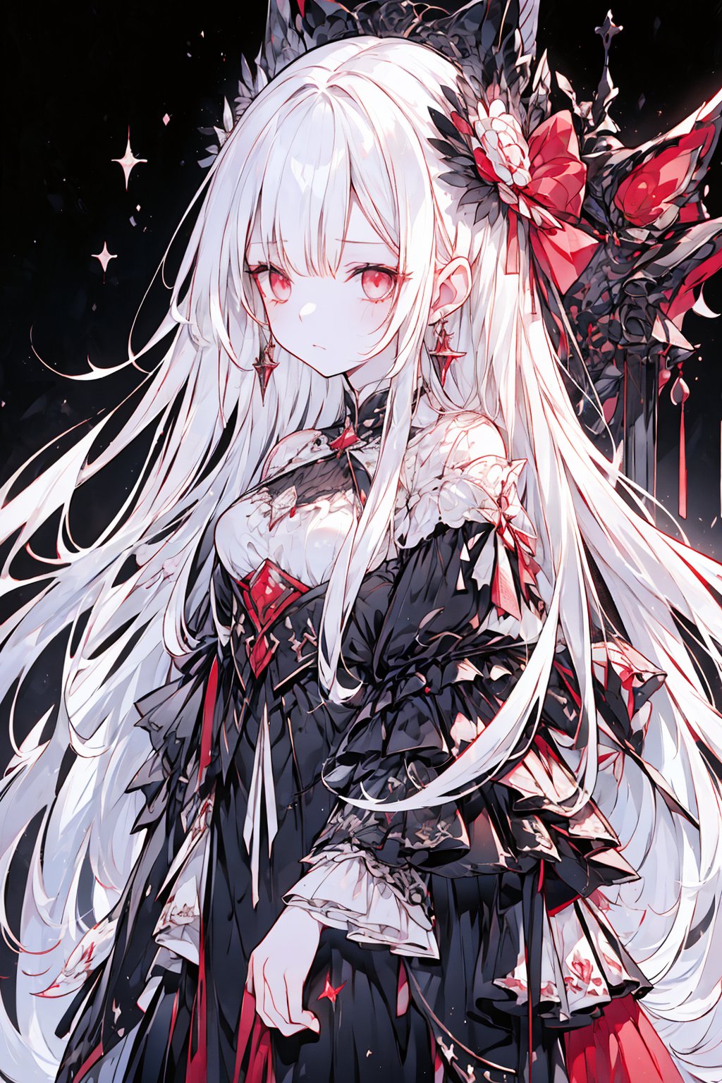 (1girl, long hair, white hair, straight hair, red eyes, detailed eyes, cross earrings, earrings, ruby earrings, 4k, cold expression, contemptuous, standing ), princess, empress, powerful, warrior, fullbody, masterpiece, best quality, Beautifully Aesthetic, black and white themed dress, long dress, black and white and red theme, sandless dress, dark lighting,1 girl, 