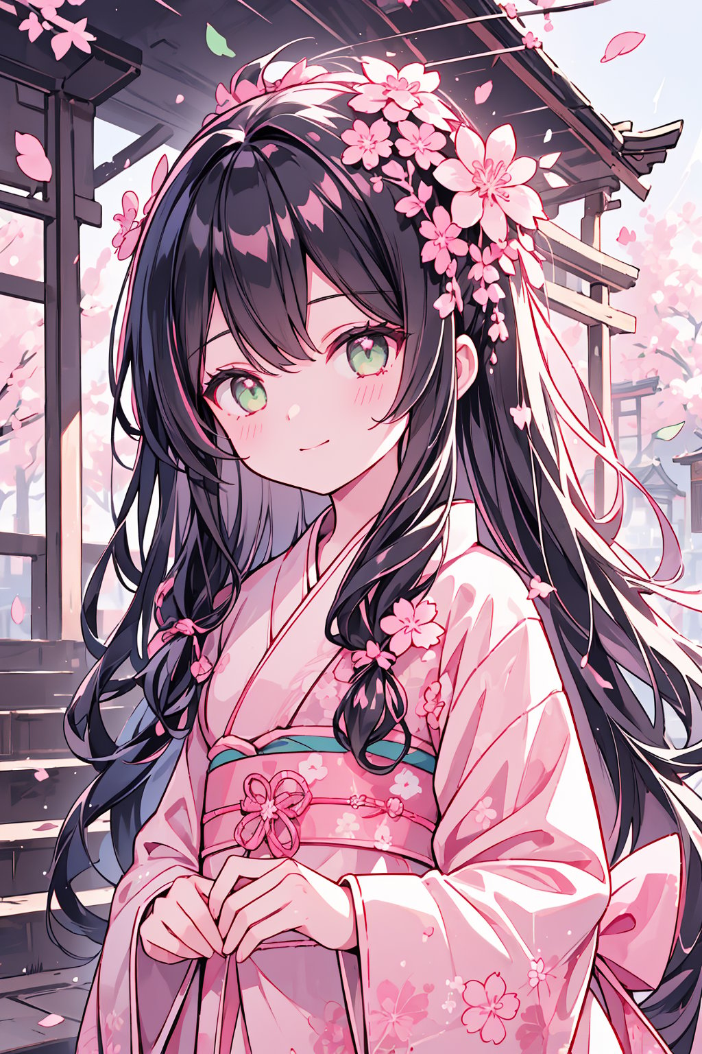 (1girl, long hair, black hair, wavy hair, pink inner hair, pink and green eyes, ), (masterpiece, best quality:1.4), (Beautifully Aesthetic:1.2), kimono, checkerboard pattern, pink kimono, floral print, hanfu, happy, smiling, cherry blossom, sakura, temple, stairs, tree, sky, rain, dew, ,Simple Sakura