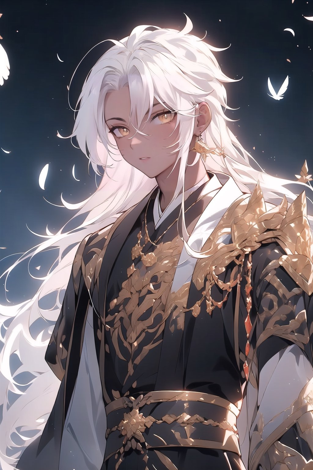 (1boy, long hair, straight hair, white hair, golden eyes, dark skin), smiling, happy, ehite dress, hanfu, looking_at_viewer, upperbody, flowers in hair, beautiful, (Beautifully Aesthetic:1.2), proper lighting, watercolor, glimmering, feathers, 