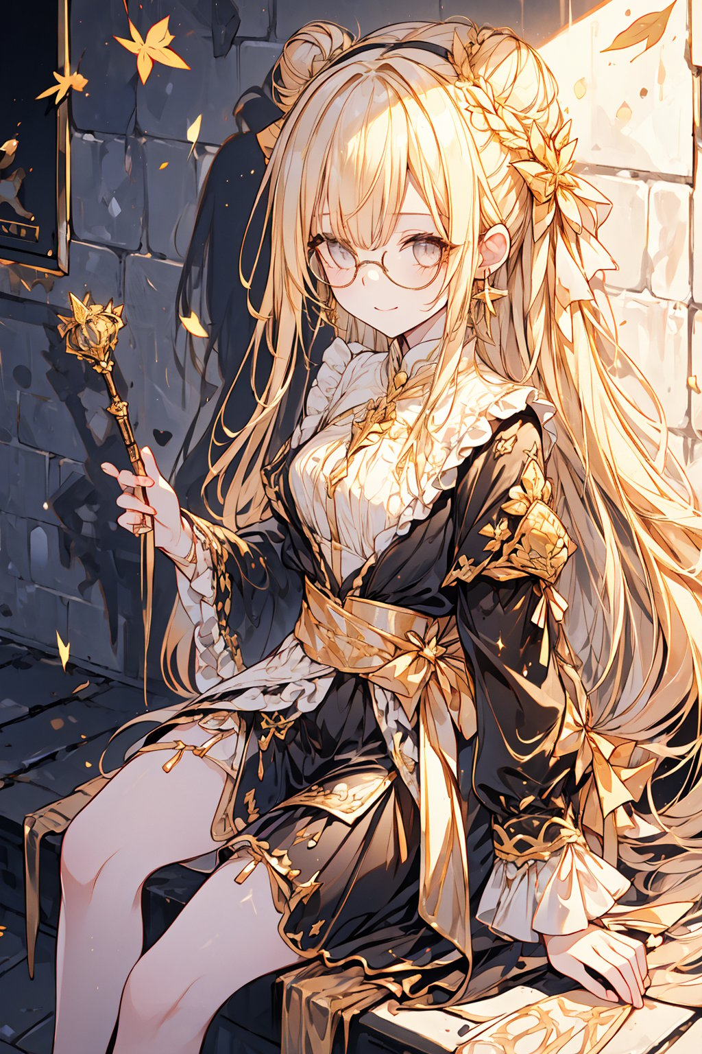 (1girl, long hair, blonde and brown  hair, straight hair, all hair tied up into a bun, grey eyes, detailed eyes, cross earrings, earrings, gold earrings, 4k, holding maple leaf, sitting beside wall, leaning on wall, glasses), fullbody, masterpiece, best quality, Beautifully Aesthetic, casual outfit, black outfit, she sits quietly yet gracefully, street, alley, dark alley, dark lighting, smiling expression, ,1 girl, 