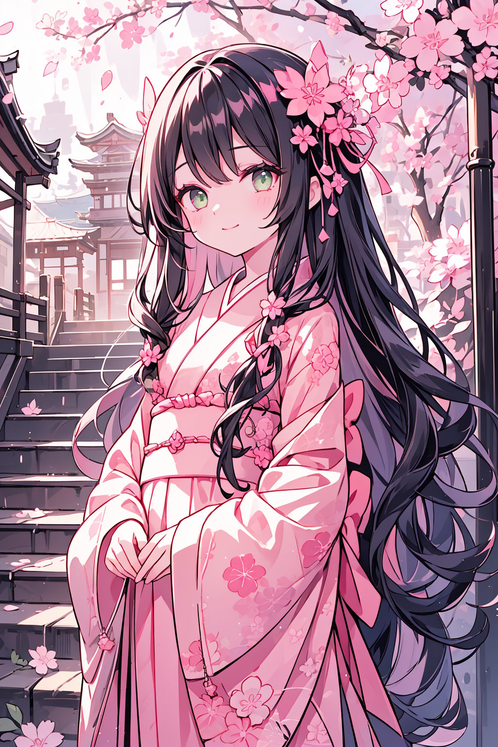 (1girl, long hair, black hair, wavy hair, pink inner hair, pink and green eyes, ), (masterpiece, best quality:1.4), (Beautifully Aesthetic:1.2), kimono, checkerboard pattern, pink kimono, floral print, hanfu, happy, smiling, cherry blossom, sakura, temple, stairs, tree, sky, rain, dew, ,Simple Sakura