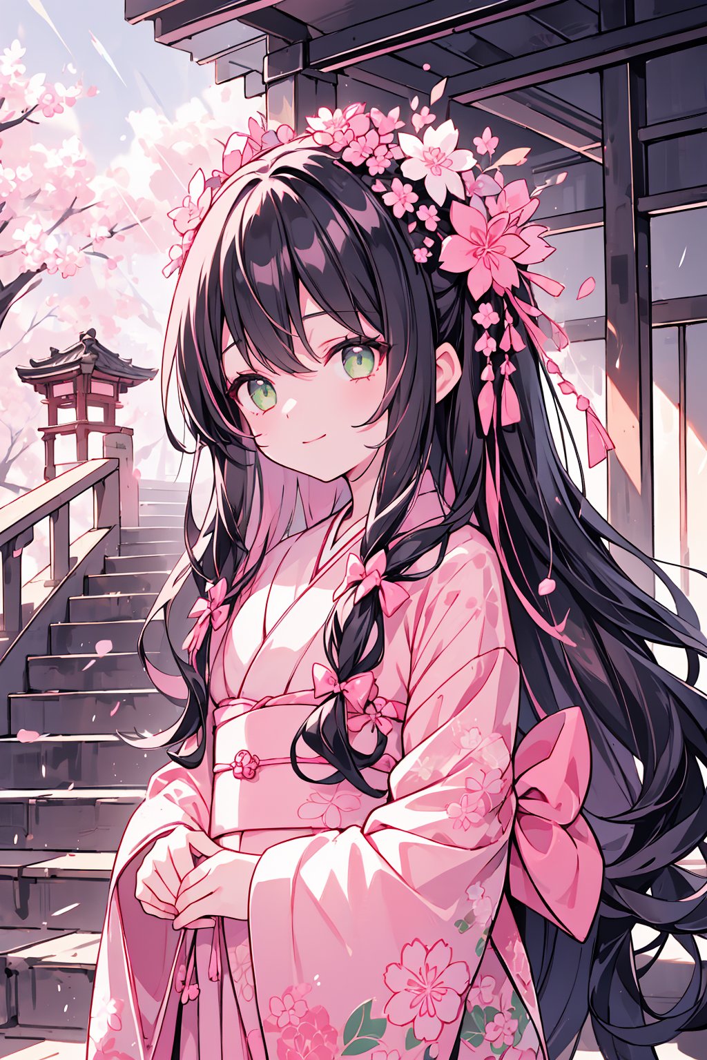 (1girl, long hair, black hair, wavy hair, pink inner hair, pink and green eyes, ), (masterpiece, best quality:1.4), (Beautifully Aesthetic:1.2), kimono, checkerboard pattern, pink kimono, floral print, hanfu, happy, smiling, cherry blossom, sakura, temple, stairs, tree, sky, rain, dew, ,Simple Sakura