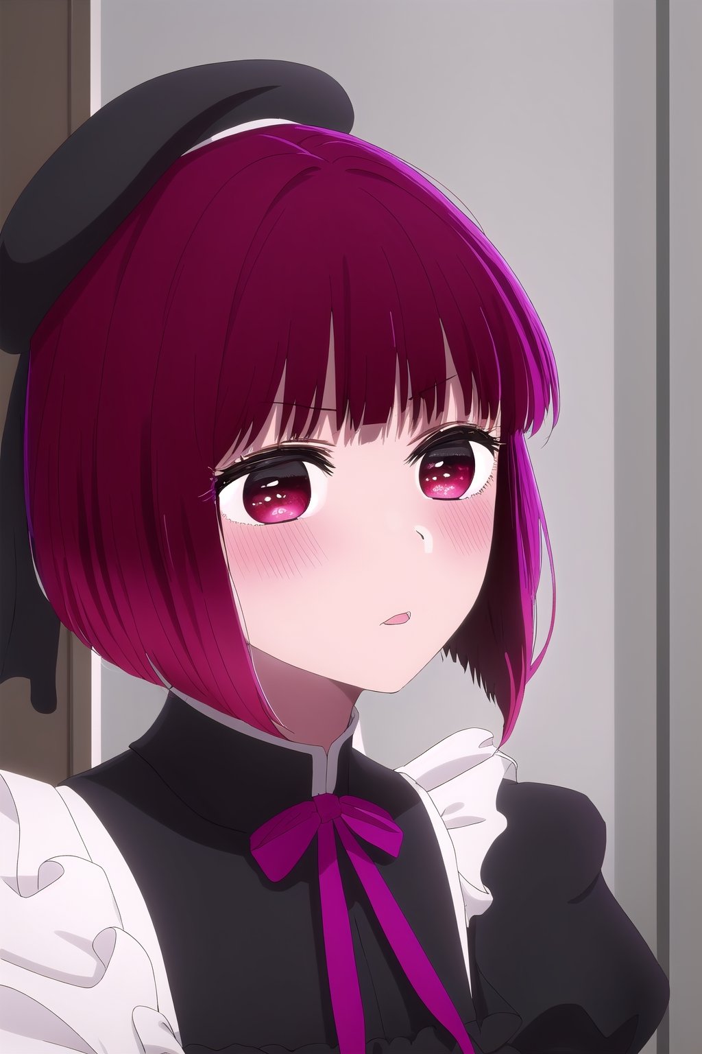 Masterpiece:1.2, Best Quality:1.2, 8k:1.2, uhd:1.2, highres:1.2, Extremely Detailed 8k Wallpaper:1.2, 1girl, solo, Short Hair, Red Hair, Blunt Bangs, Red Eyes, Detailed pupils, Seductive Face, Blush, Ultra Details, Black Beret, Victorian Dress, Black Dress,GothicC