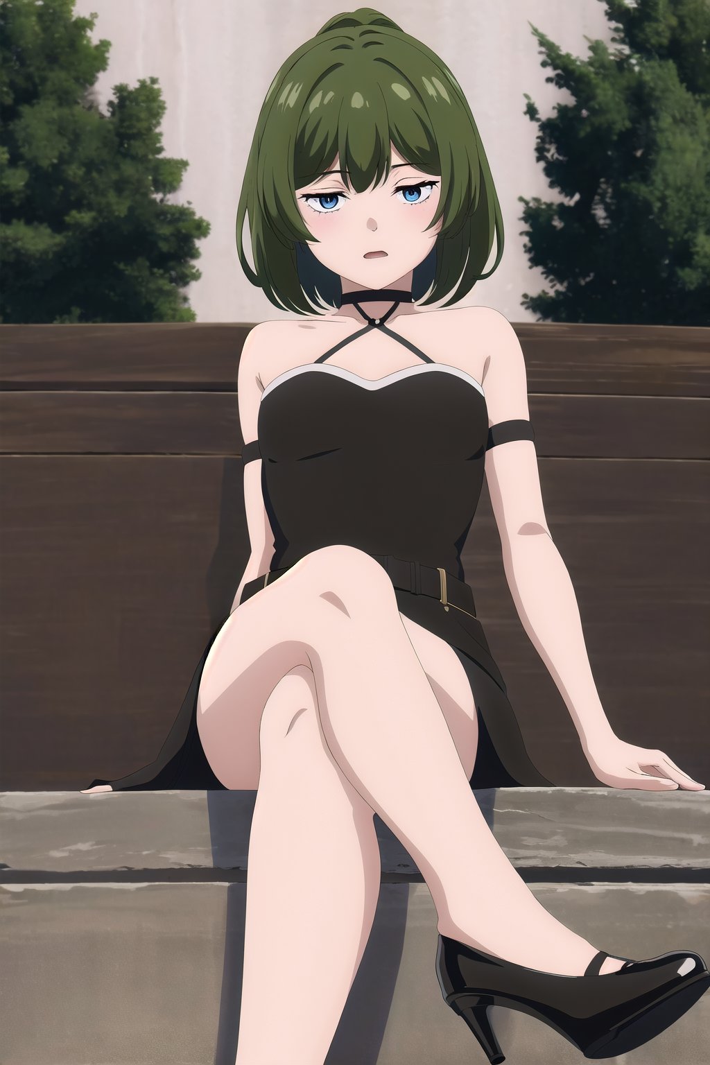 Prompt: Masterpiece:1.2, Best Quality:1.2, 8k:1.2, uhd:1.2, highres:1.2, extremely detailed 8k wallpaper:1.2, 1girl, ubel, solo, medium hair, green hair, blue eyes, seductive face, crossed legs, blush, looking at viewer, sitting, high heels, pov
