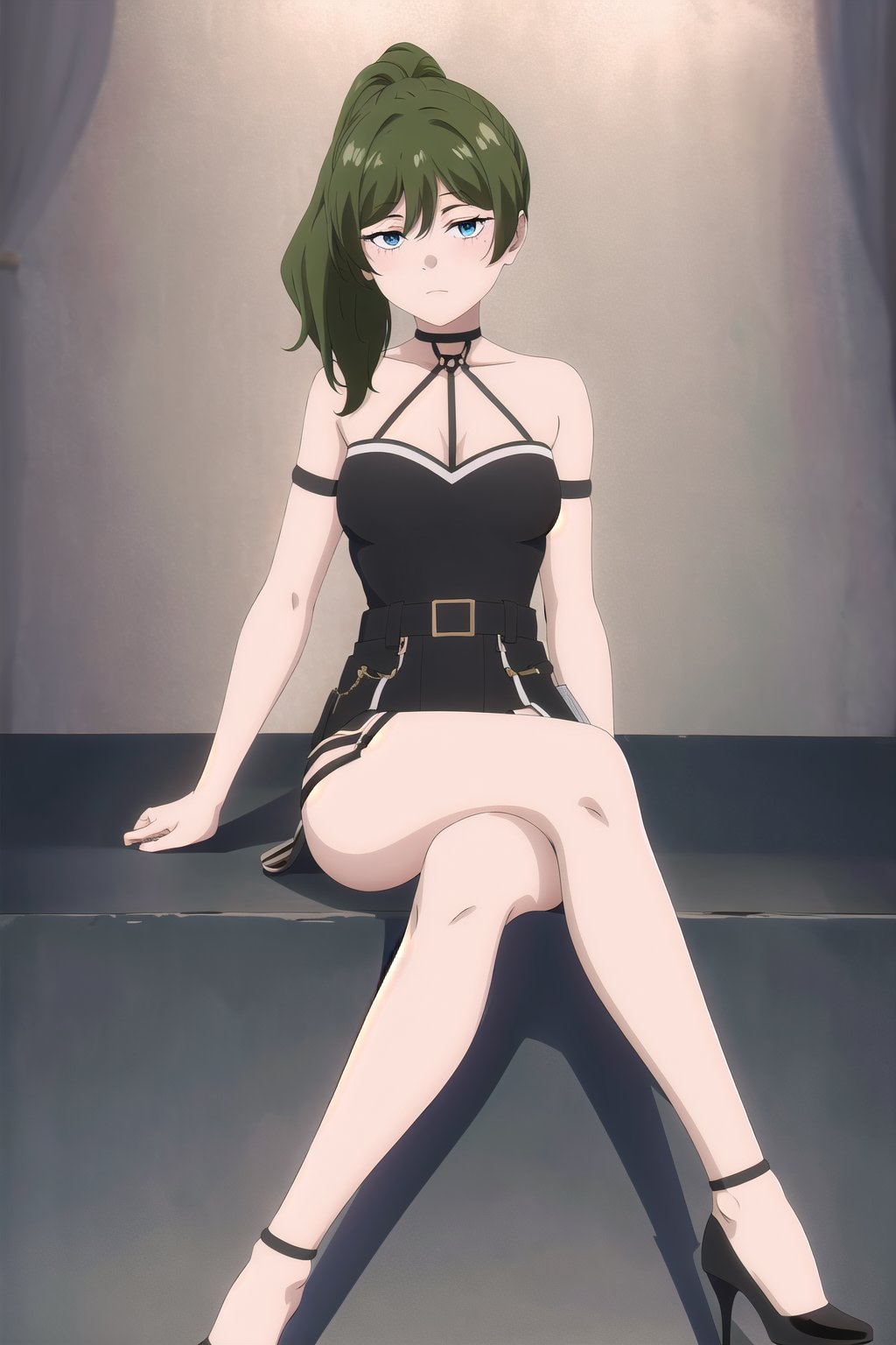 Prompt: Masterpiece:1.2, Best Quality:1.2, 8k:1.2, uhd:1.2, highres:1.2, extremely detailed 8k wallpaper:1.2, 1girl, ubel, solo, medium hair, green hair, ponytail, blue eyes, seductive face, crossed legs, blush, looking at viewer, sitting, high heels, pov