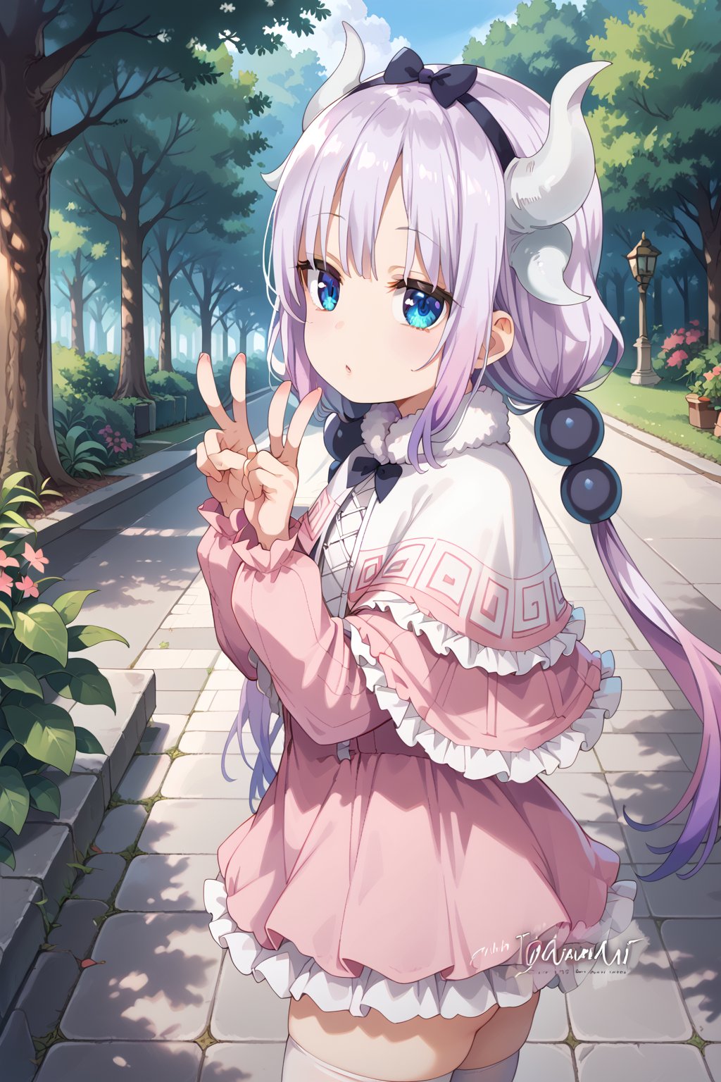 score_9, score_8_up, score_7_up. (loli:1.7), Kanna_Kamui, solo, blue_eyes, purple_hair, long_hair, low_twintails, hair_beads, flat_chest, gradient_hair, white horns, dragon_horns, frilled_dress, short_dress, headband, hair_bow, long_sleeves, pink_sleeves, white_thighhighs, white_dress, pink_dress, fur_trimmed_capelet, white_capelet, anime_coloring, thighs, nice_hands, looking_at_viewer, pov_eye_contact, standing, park, floor, plants, trees, shrubbery, (from side:1.7), (double v:1.5)