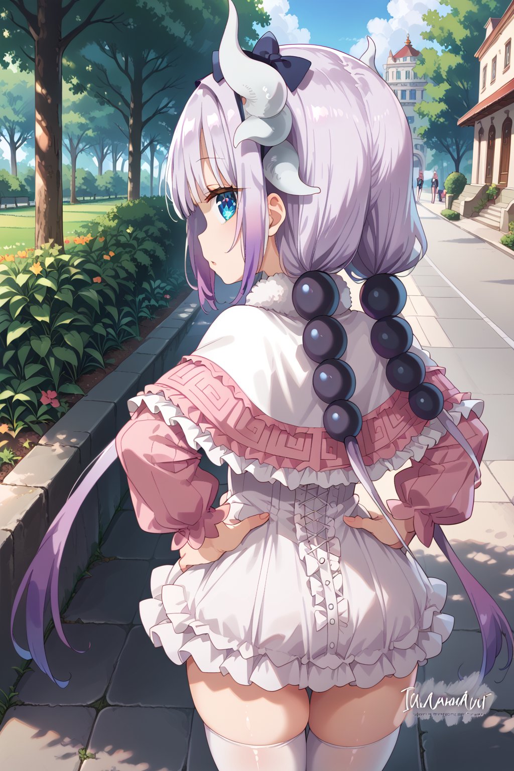 score_9, score_8_up, score_7_up. (loli:1.7), Kanna_Kamui, solo, blue_eyes, purple_hair, long_hair, low_twintails, hair_beads, flat_chest, gradient_hair, white horns, dragon_horns, frilled_dress, short_dress, headband, hair_bow, long_sleeves, pink_sleeves, white_thighhighs, white_dress, pink_dress, fur_trimmed_capelet, white_capelet, anime_coloring, thighs, nice_hands, looking_at_viewer, pov_eye_contact, standing, park, floor, plants, trees, shrubbery, (from behind:1.7), (hands on hips1.5)