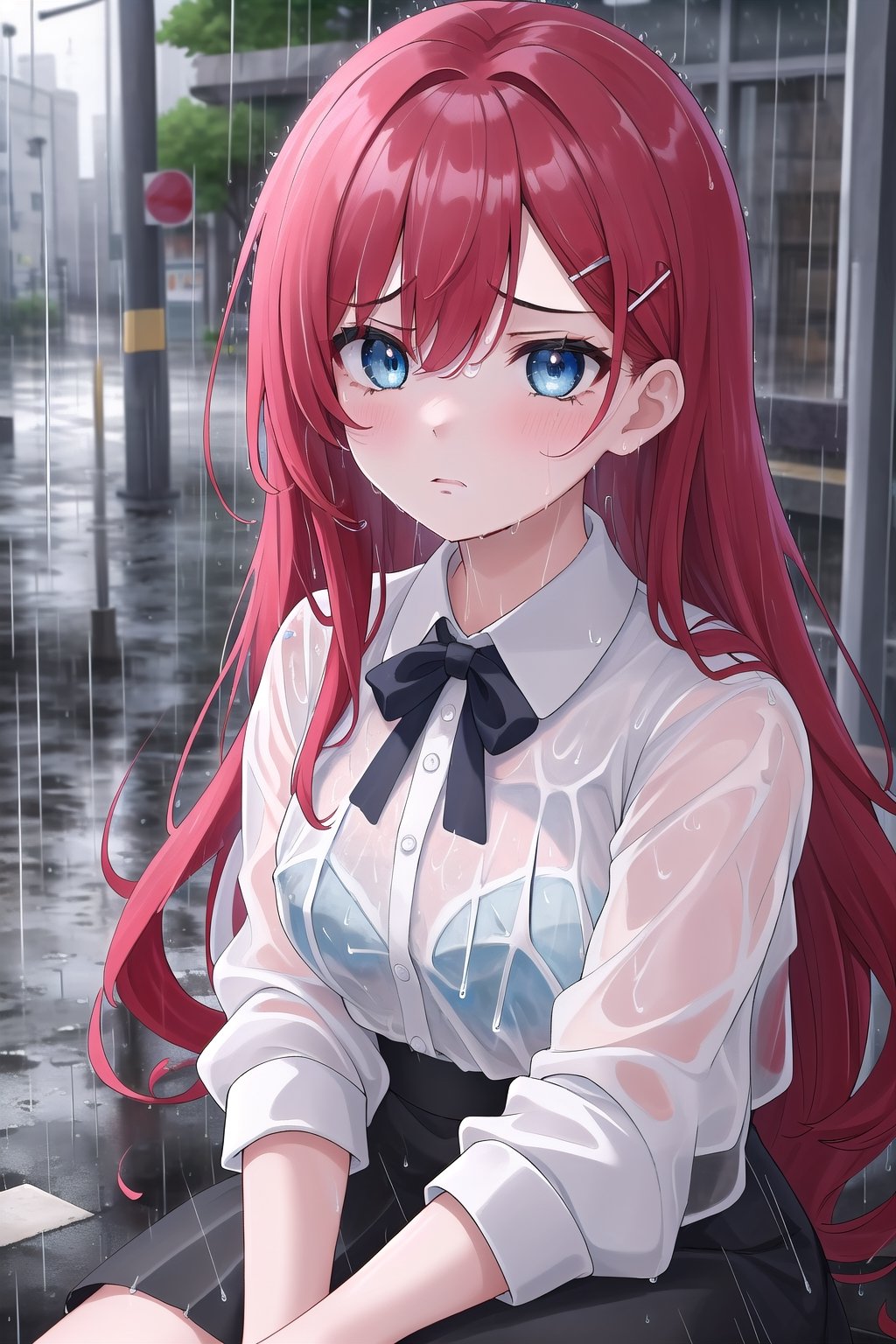 (1girl:1.1), (long hair:1.1), (hair ornament:1.1), (red hair:1.1), (blue eyes:1.1), (Dramatic expression:1.3), (Sad:1.1), (white Blouse:1.1), (black skirt:1.1), (sitting:1.3), (portrait:1.3), (Street:1.3), (Rain:1.3), (Cloudy;1.3), (masterpiece:1.2), (best quality:1.2), (4k:1.2), (uhd:1.2), (extremely detailed 8K wallpaper:1.2), (highres:1.2)