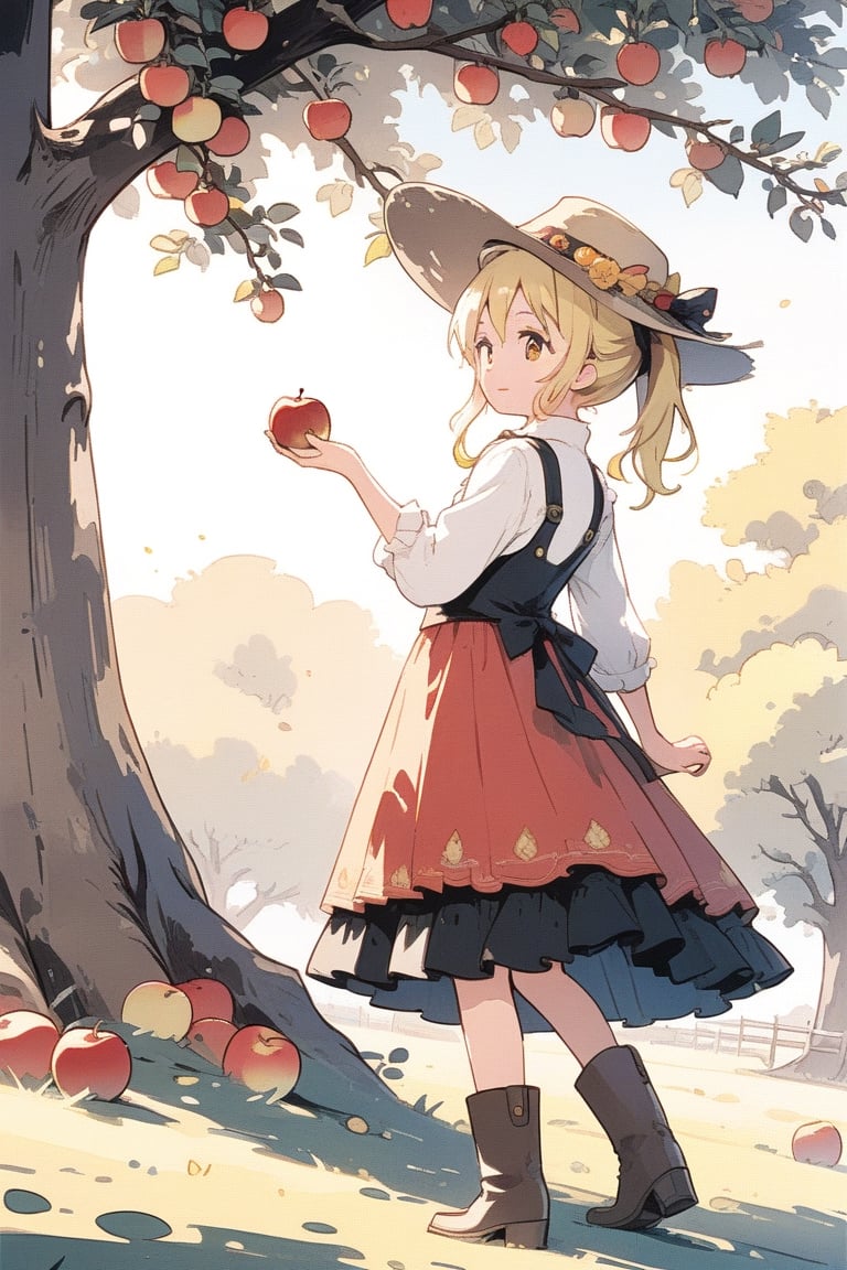 girl picking apples from an apple tree wearing a cowboy outfit with cowboy hat and boots, her yellow hair in a ponytail,cute anime,anime