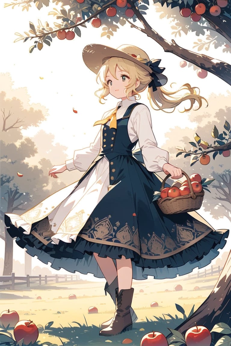 girl picking apples from an apple tree wearing a cowboy outfit with cowboy hat and boots, her yellow hair in a ponytail,cute anime,anime