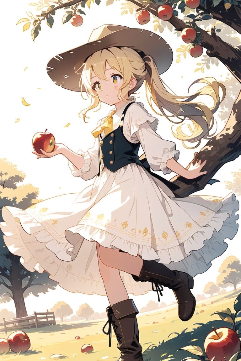 girl picking apples from an apple tree wearing a cowboy outfit with cowboy hat and boots, her yellow hair in a ponytail,cute anime,anime