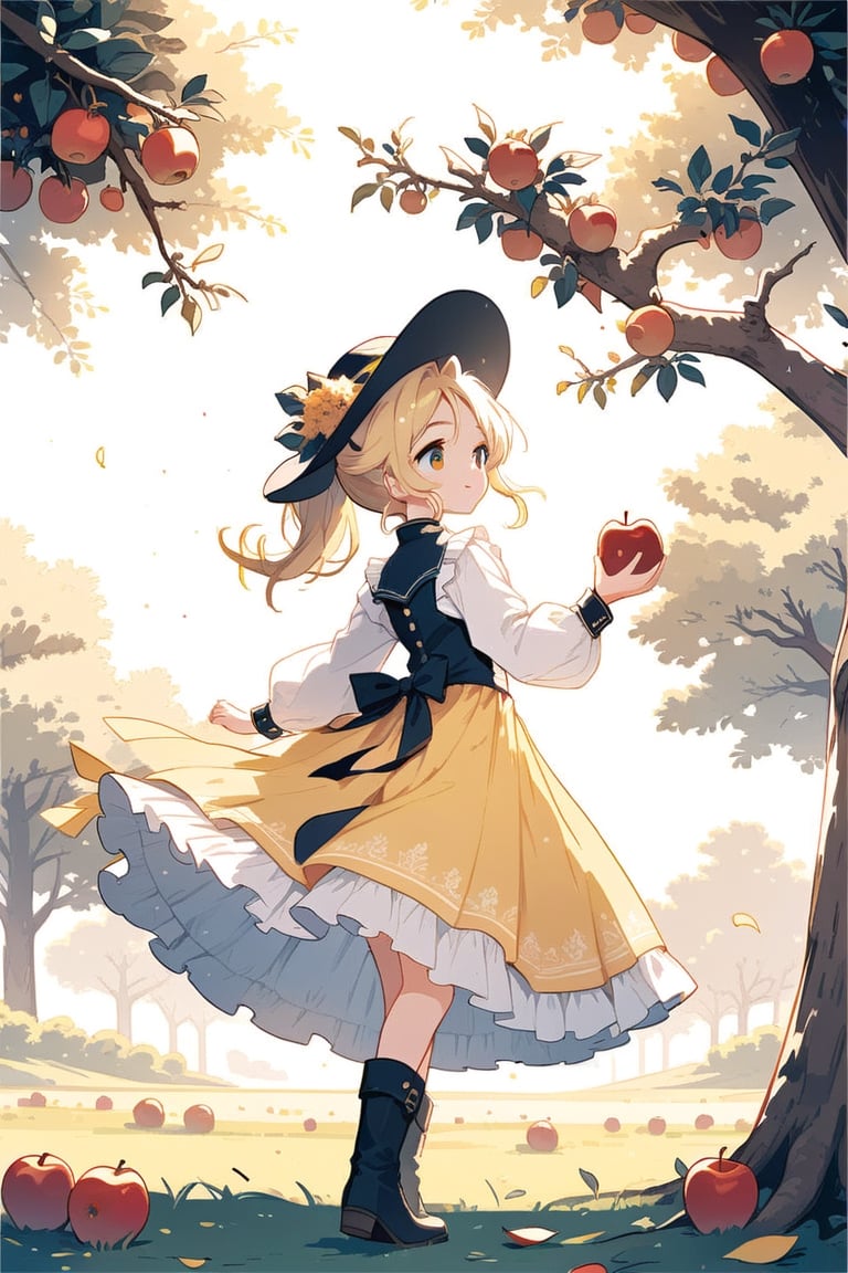 girl picking apples from an apple tree wearing a cowboy outfit with cowboy hat and boots, her yellow hair in a ponytail,cute anime,anime