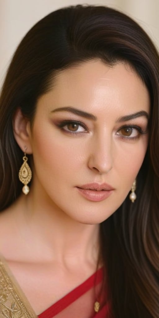 Monica Bellucci, 38 year old , mid aged women,Generate hyper realistic image of a beautiful wearing golden saree , long black hair, vermillion centre hairline, sindoor, forehead mark, forehead sindoor, indian sindoor, indian earrings jhumka jewellery, captivating brown eyes, {{{ maroon lipstick, face wrinkles, under eye,  massive breasts }}}, and a confident gaze directed at the viewer, head to toe shot, posing full view