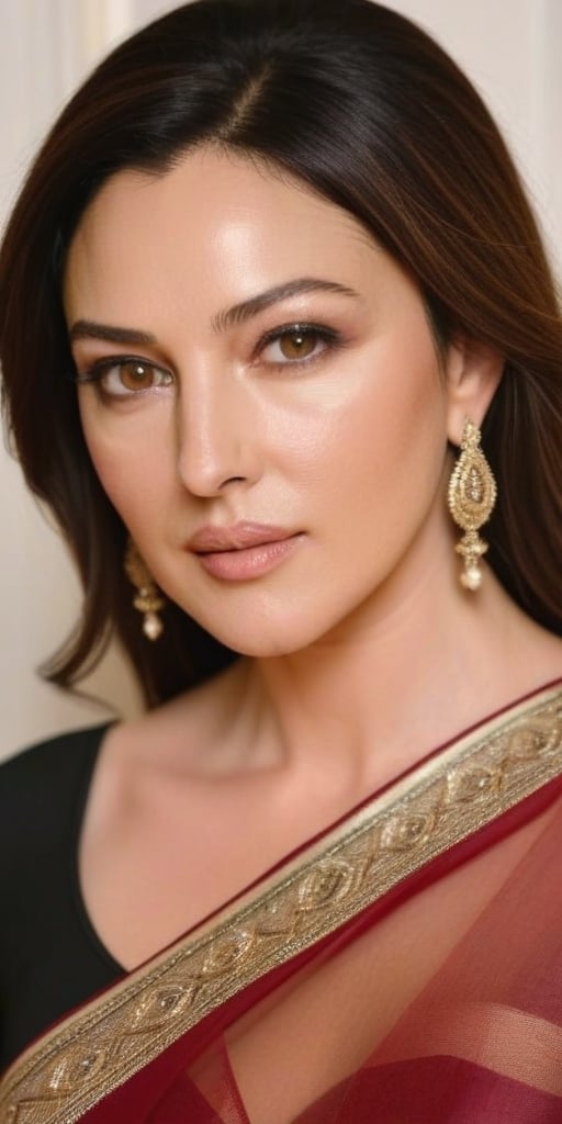 Monica Bellucci, 38 year old , mid aged women,Generate hyper realistic image of a beautiful wearing golden saree , long black hair, vermillion centre hairline, sindoor, forehead mark, forehead sindoor, indian sindoor, indian earrings jhumka jewellery, captivating brown eyes, {{{ maroon lipstick, face wrinkles, under eye,  massive breasts }}}, and a confident gaze directed at the viewer, head to toe shot, posing full view