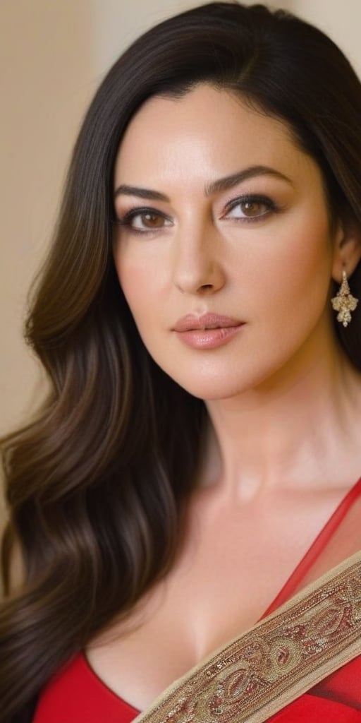 Monica Bellucci, 38 year old , mid aged women,Generate hyper realistic image of a beautiful wearing golden saree , long black hair, vermillion centre hairline, sindoor, forehead mark, captivating brown eyes, red lips, big massive breasts, and a confident gaze directed at the viewer, head to toe shot, posing full view