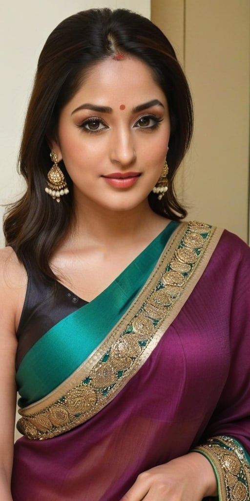 yami Gautam 25 year old , women,Generate hyper realistic image of a beautiful, cheek dimples (wearing black and golden saree ) , long black hair, vermillion centre hairline, sindoor, forehead mark, forehead sindoor,(( indian sindoor )), indian earrings jhumka jewellery, necklace green studded stone, captivating brown eyes, {{{ maroon lipstick, face wrinkles, under eye,  massive breasts }}}, and a confident gaze directed at the viewer, head to toe shot, posing full view, bbw