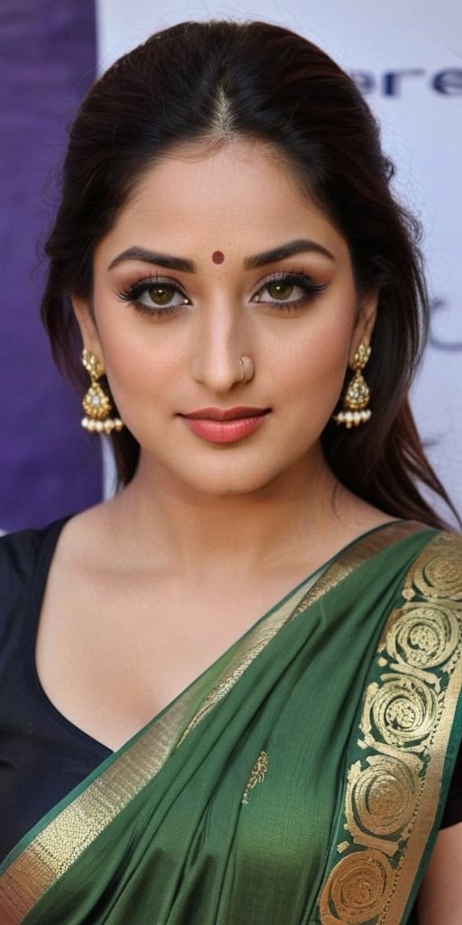 yami Gautam 25 year old , women,Generate hyper realistic image of a beautiful (wearing black and golden saree ) , long black hair, vermillion centre hairline, sindoor, forehead mark, forehead sindoor,(( indian sindoor )), indian earrings jhumka jewellery, necklace green studded stone, captivating brown eyes, {{{ maroon lipstick, face wrinkles, under eye,  massive breasts }}}, and a confident gaze directed at the viewer, head to toe shot, posing full view, bbw