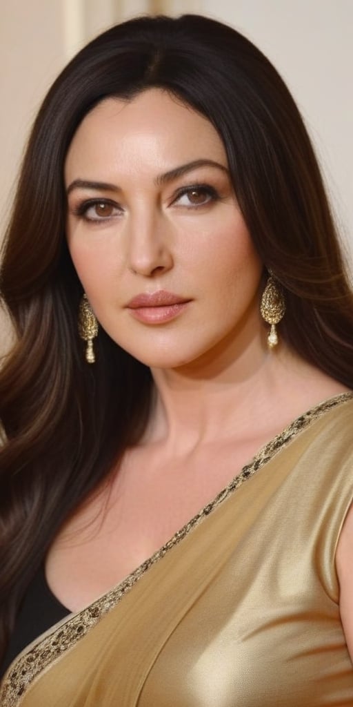 Monica Bellucci, 38 year old ,Generate hyper realistic image of a beautiful wearing golden saree , long black hair, captivating brown eyes, red lips, big breasts, and a confident gaze directed at the viewer.head to toe shot, posing full view