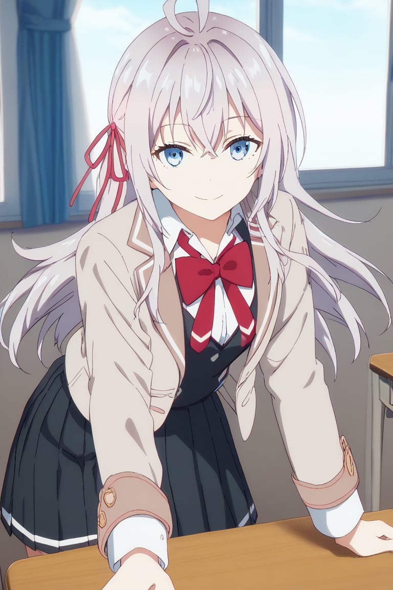 Score_9, score_8_up, score_7_up, 1girl, solo, long hair, looking at viewer, smile, bangs, blue eyes, skirt, shirt, long sleeves, bow, ribbon, hair between eyes, closed mouth, school uniform, jacket, hair ribbon, white shirt, ahoge, grey hair, pleated skirt, open clothes, collared shirt, indoors, bowtie, black skirt, red bow, open jacket, red ribbon, window, leaning forward, blazer, red bowtie, desk, grey jacket, classroom, school desk