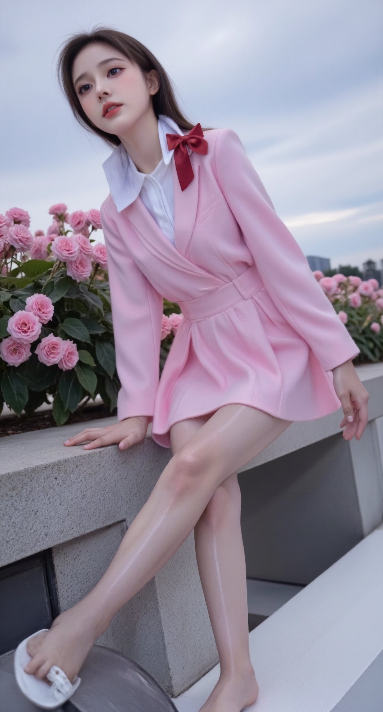 hd,shiny skin,close up,A girl dressed in a pink and white school uniform, adorned with a red bow in her hair. She is perched on a concrete railing, her left hand resting on the railing. The woman's right leg is crossed, her right leg resting on a white platform.brown black shiny pantyhose,The backdrop, a row of pink flowers can be seen, adding a touch of color to the scene. The sky is a muted blue, with a few wispy clouds in the sky.big eyes,grey shiny pantyhose,double upper eyelids,Oval face,
