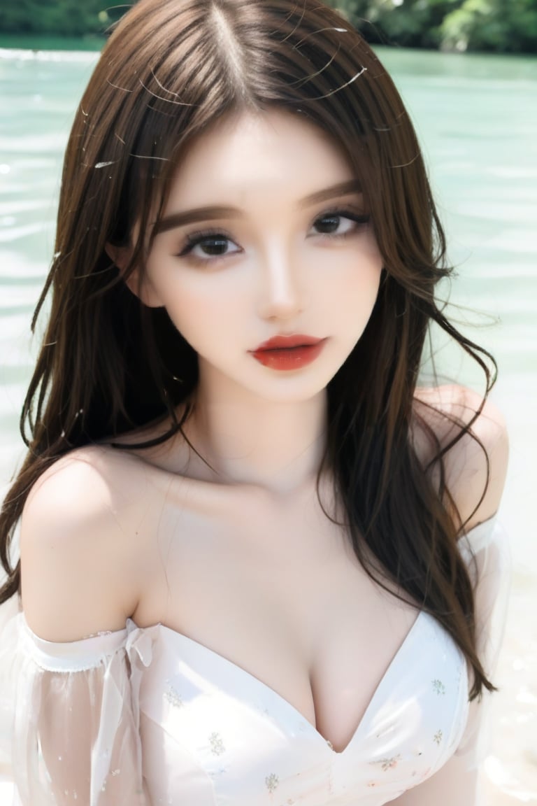 1girl, solo, long hair, breasts, looking at viewer, black hair, dress, bare shoulders, jewelry, medium breasts, upper body, earrings, parted lips, detached sleeves, water, black eyes, from side, lips, sideboob, facial mark, water drop, forehead mark, realistic,bust_shot,aheago,