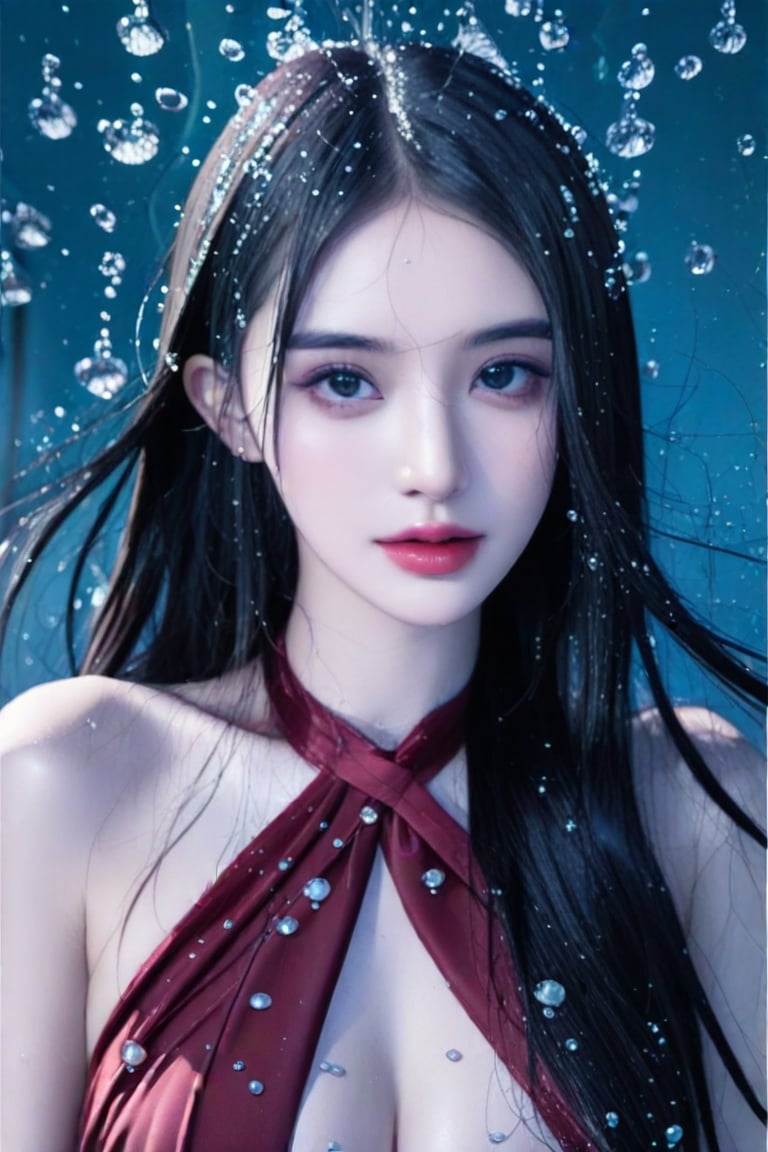 1girl, solo, long hair, breasts, looking at viewer, black hair, dress, bare shoulders, jewelry, medium breasts, upper body, earrings, parted lips, detached sleeves, water, black eyes, from side, lips, sideboob, facial mark, water drop, forehead mark, realistic,bust_shot,aheago,