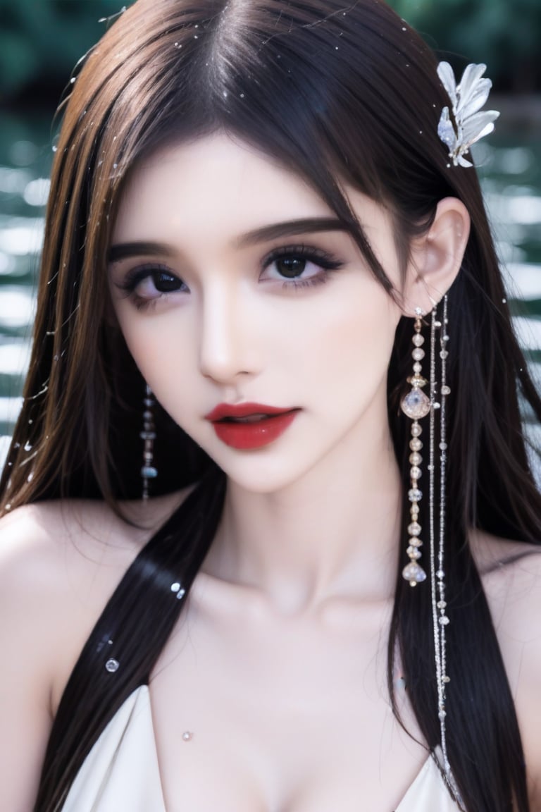 1girl, solo, long hair, breasts, looking at viewer, black hair, dress, bare shoulders, jewelry, medium breasts, upper body, earrings, parted lips, detached sleeves, water, black eyes, from side, lips, sideboob, facial mark, water drop, forehead mark, realistic,bust_shot,aheago,