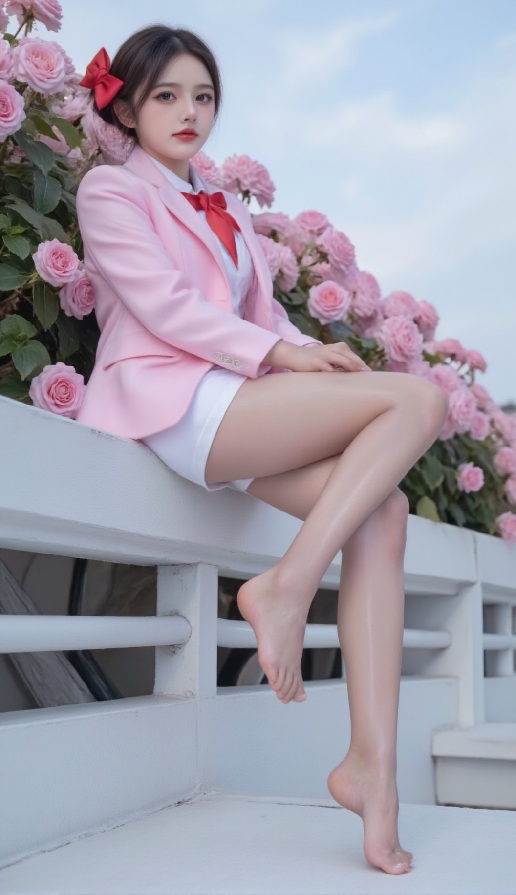 hd,,close up,A girl dressed in a pink and white school uniform, adorned with a red bow in her hair. She is perched on a concrete railing, her left hand resting on the railing. The woman's right leg is crossed, her right leg resting on a white platform. shiny pantyhose,The backdrop, a row of pink flowers can be seen, adding a touch of color to the scene. The sky is a muted blue, with a few wispy clouds in the sky.big eyes,brown shiny pantyhose
